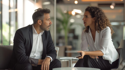 Two professionals in smart casual attire are engaged in a serious consultation at the office, with one holding papers and attentively discussing with the other.