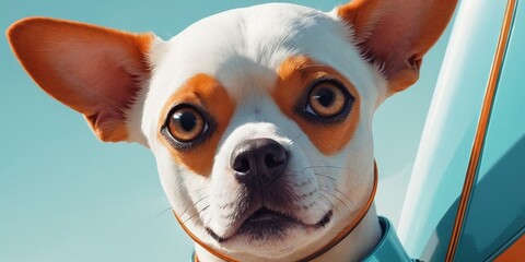 Jack russell terrier dog looking at camera on blue sky background. - obrazy, fototapety, plakaty
