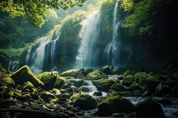 A beautiful waterfall surrounded by lush green trees. Perfect for nature backgrounds