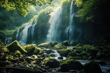 Deurstickers A beautiful waterfall surrounded by lush green trees. Perfect for nature backgrounds © Fotograf