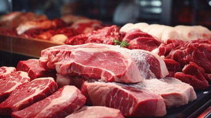 Fresh meat on display, suitable for butcher shop