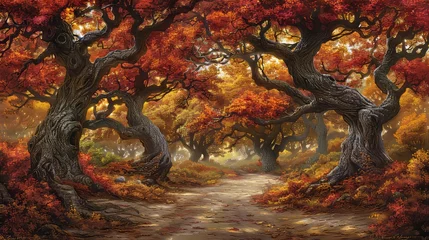 Foto auf Acrylglas Enchanting autumn forest scene with vibrant foliage, oak trees, swirling leaves, and golden light © Ilja