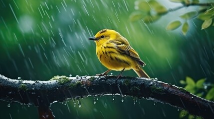 A yellow bird perched on a branch in the rain. Suitable for nature and wildlife themes