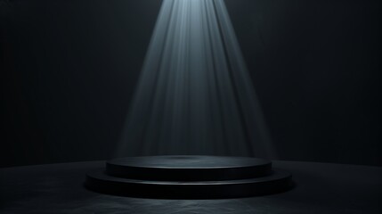 Dark background with a soft spotligth en the center, a minimalist podium in the center, front side view. Generated by artificial intelligence.