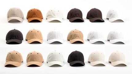 A variety of baseball caps arranged in a row. Suitable for sports and fashion concepts
