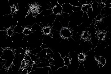 A collection of cracked glass textures. Set of photos of broken glass for design.