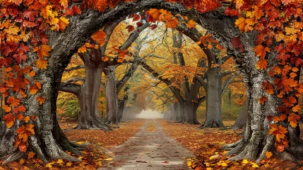 Foto auf Acrylglas Enchanting autumn forest with vibrant foliage, swirling leaves, towering oaks, soft golden light. © Ilja