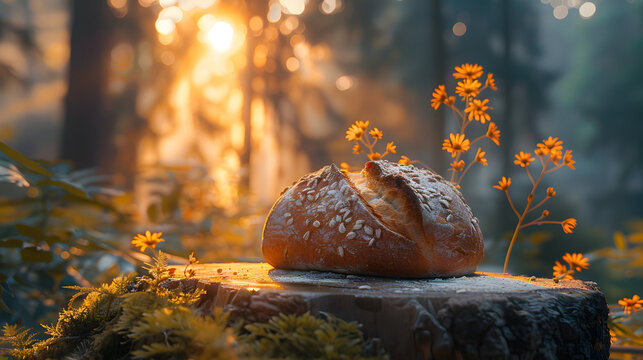 A rustic image showcasing a beautifully baked artisan bread on a stump surrounded by forest flora in the soft light of a setting sun