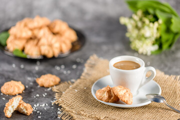 Homemade coconut cookies on a gray background. Healthy food concept. For advertising confectionery products