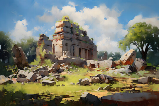 Landscape with the ruins of an ancient Indian temple. Oil painting in impressionism style.