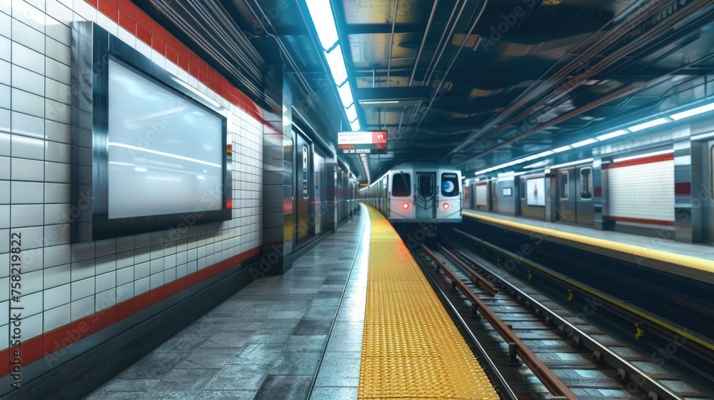 Poster A subway train pulling into a station next to a platform. Ideal for transportation concepts