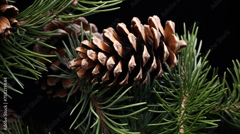 Poster detailed view of a pine cone on a tree. suitable for nature and winter themes