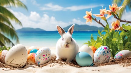 white bunny and colorful easter eggs on tropical beach. happy easter concept
