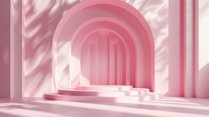 A pink minimalistic podium with arch in the background. Pastel pink colors, soft lighting, simple shapes, digital art. Generated by artificial intelligence.