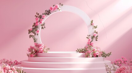 3D rendering of a floral podium with a rose arch for product display presentation on a pink background. Flower decoration with rose flowers and leaves around the steps, soft pastel colors, front view,
