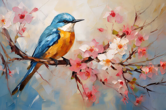 Bird sit on the branches of blooming spring trees. Oil painting in impressionism style.