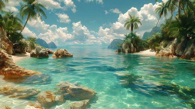 A calming image of a tropical beach with crystal clear turquoise water, fluffy clouds, and rocky islets