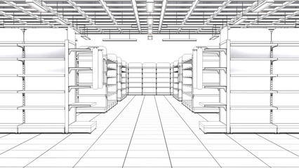 Contour visualization of supermarket interior with aisle between rows of showcase stands. 3d illustration