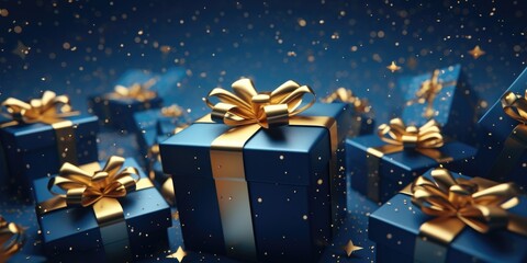 Group of blue gift boxes with gold bows. Perfect for holiday and celebration themes