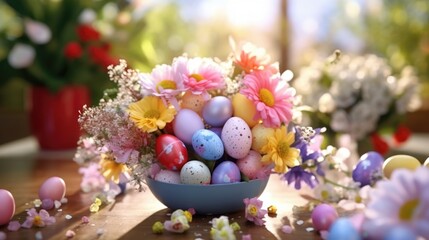A bowl filled with eggs and flowers on a table. Suitable for spring and Easter themes - Powered by Adobe