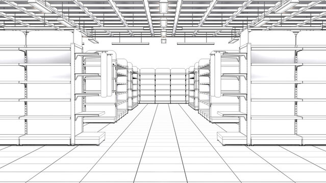 Contour visualization of supermarket interior with aisle between rows of showcase stands. 3d illustration