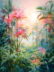 Spring tropical forest. Oil painting in impressionism style.