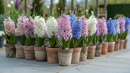 Vibrant hyacinth flowers blooming in pots against blurred background with space for text placement.