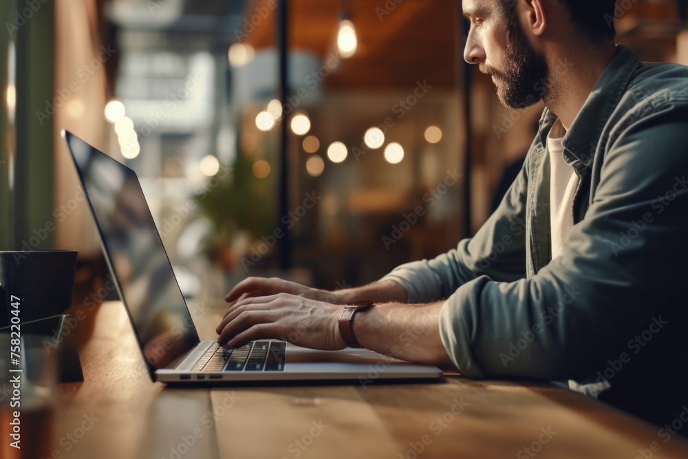 Poster a man sitting at a table using a laptop computer. suitable for technology and work concept