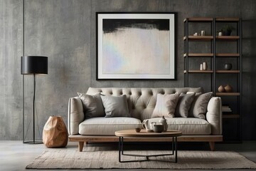 Rustic cabinet near white tufted sofa against concrete wall with art poster minimal design