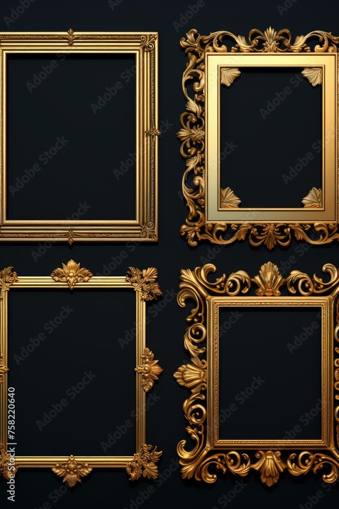 Poster four ornate gold frames on a sleek black background. perfect for adding a touch of elegance to any d