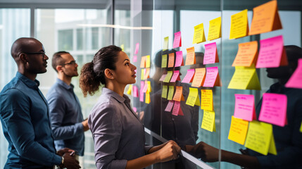 A professional team engaged in a brainstorming session, using colorful sticky notes on a glass wall to organize their ideas and strategies.