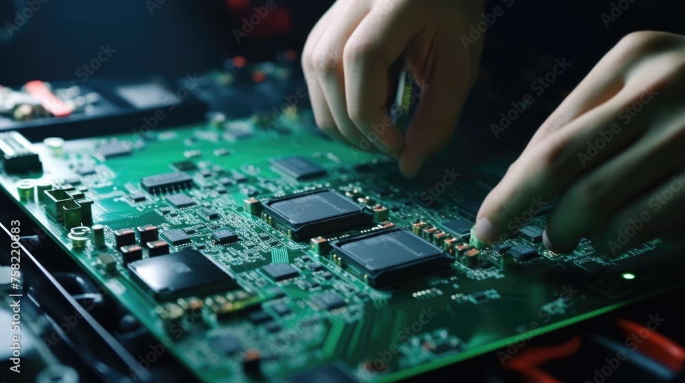 Aufkleber close-up of a person working on a circuit board, suitable for technology concepts