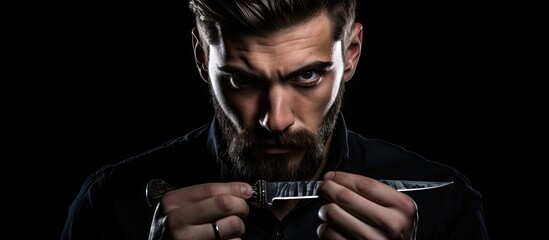 Intense Bearded Man Holding Knife Ready for Action in Dark Setting - obrazy, fototapety, plakaty