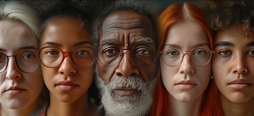 Diverse Group Closeup Portrait, Closeup of a multigenerational, multiethnic group of individuals in a horizontal line, showcasing diversity and unity