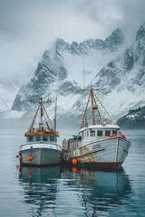Fischerboote auf ruhiger See, Berge - obrazy, fototapety, plakaty