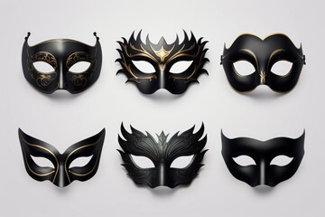 Elegant set of six black and gold masquerade masks. Perfect for themed parties or events
