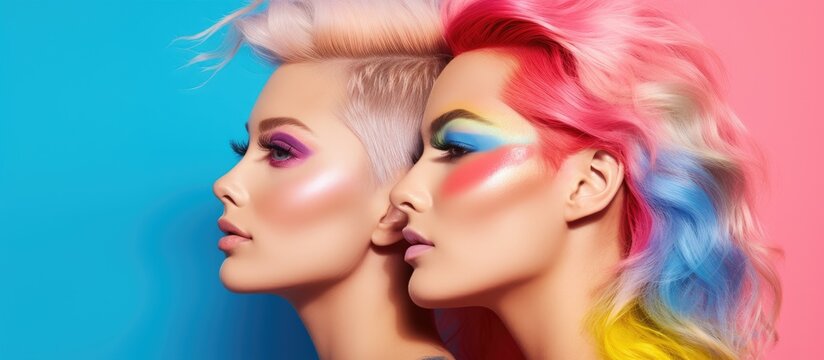 Vibrant Duo: Two Women Flaunting Colorful Hair and Artistic Makeup in a Bold Fashion Portrait