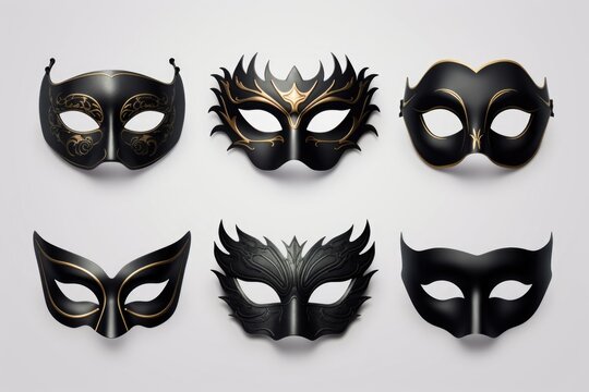 Elegant set of six black and gold masquerade masks. Perfect for themed parties or events
