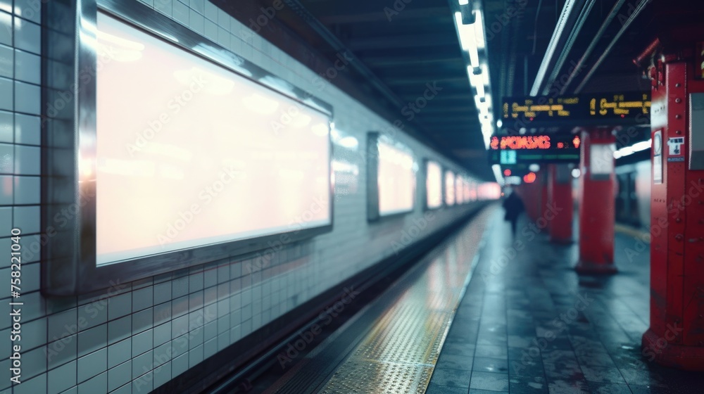 Poster A subway platform with a train pulling into it. Suitable for transportation concepts