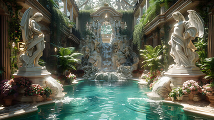 A lush indoor garden oasis with intricate sculptures and a cascading fountain, surrounded by flourishing plants and rich architectural detail - obrazy, fototapety, plakaty