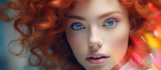 Fototapeta premium Vibrant Woman Embraces Her Unique Beauty with Striking Red Hair and Mesmerizing Blue Eyes