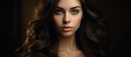 Sultry Woman with Enchanting Green Eyes and Flowing Long Hair in Atmospheric Portrait - obrazy, fototapety, plakaty