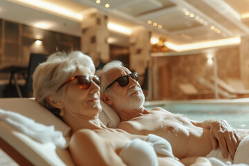 Relaxed senior couple in love enjoying serene moment among candles in spa