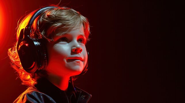 Boy wearing headphones, listening music. Wall background.