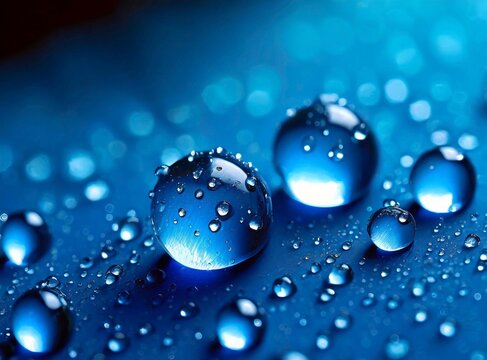 Water drops on smooth surface, blue background, macro photography