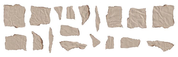 Burned crumpled kraft paper pieces texture set. Distressed torn sheet.