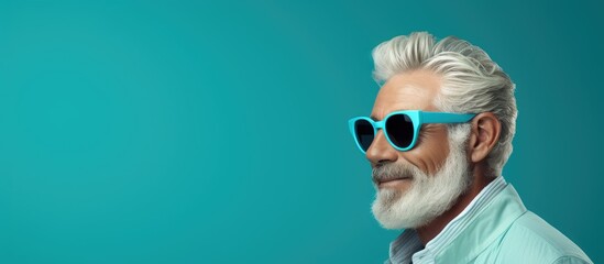 Thoughtful senior man in blue shirt with white beard expressing wisdom and experience - obrazy, fototapety, plakaty