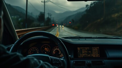 Driving on a highway in the mountains at sunset. View from the driver's seat.