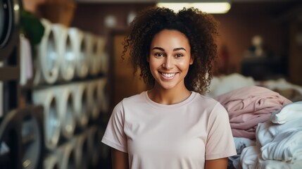 Beautiful Afro American woman is smiling and looking at camera while standing in the shop