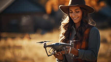 Beautiful young woman in hat with quadcopter flying on field